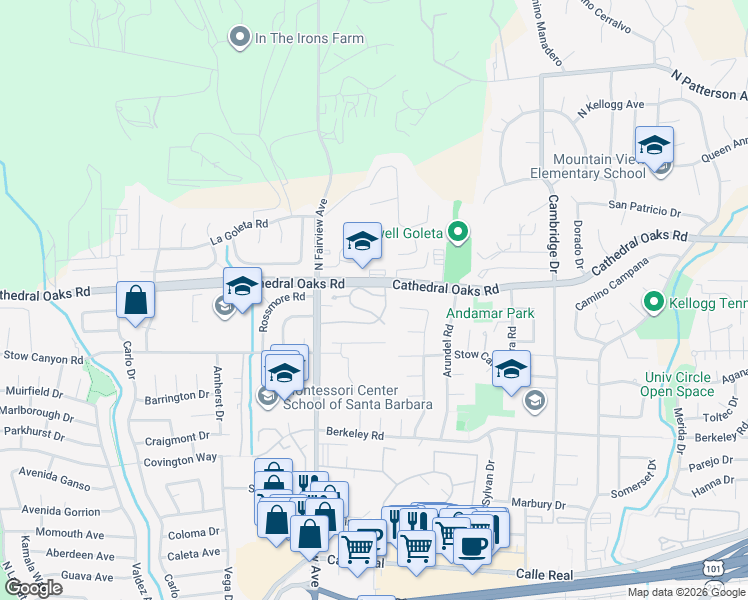 map of restaurants, bars, coffee shops, grocery stores, and more near 5925 Trudi Drive in Goleta