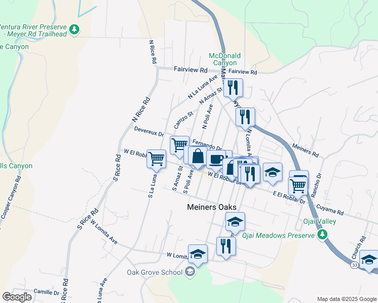 map of restaurants, bars, coffee shops, grocery stores, and more near 148 North Arnaz Street in Ojai