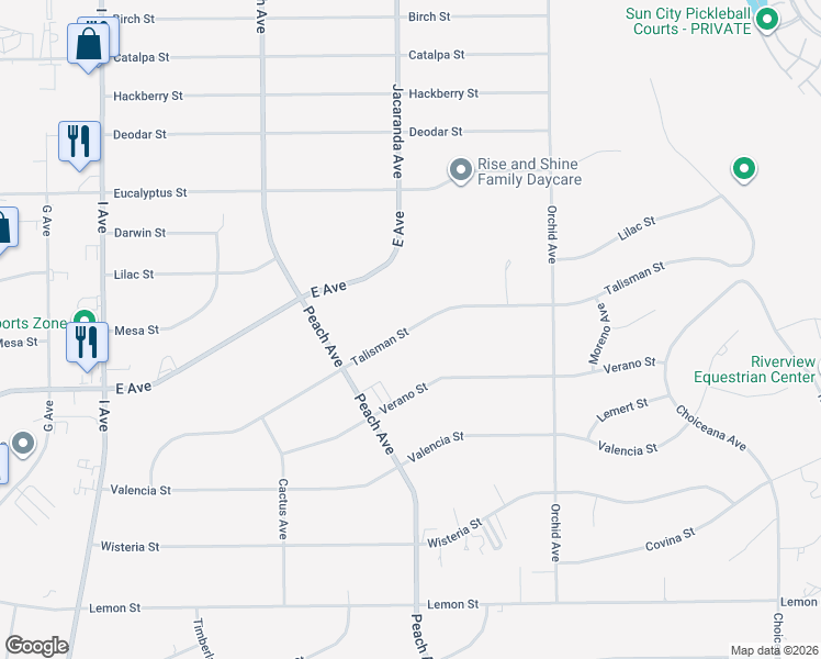 map of restaurants, bars, coffee shops, grocery stores, and more near Talisman Street in Hesperia