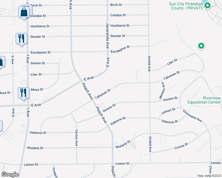 map of restaurants, bars, coffee shops, grocery stores, and more near Talisman Street in Hesperia