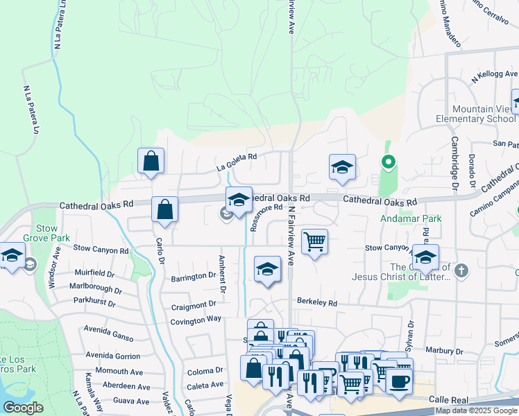 map of restaurants, bars, coffee shops, grocery stores, and more near 655 Rossmore Road in Goleta