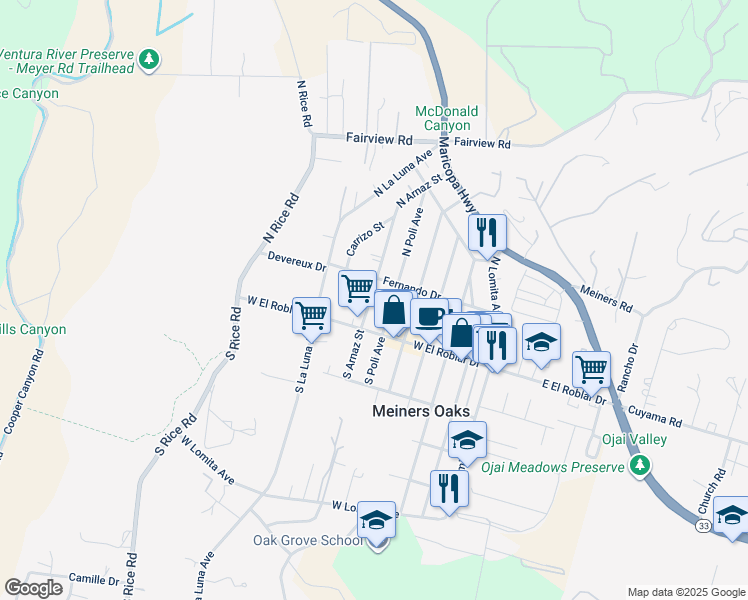 map of restaurants, bars, coffee shops, grocery stores, and more near 148 North Arnaz Street in Ojai