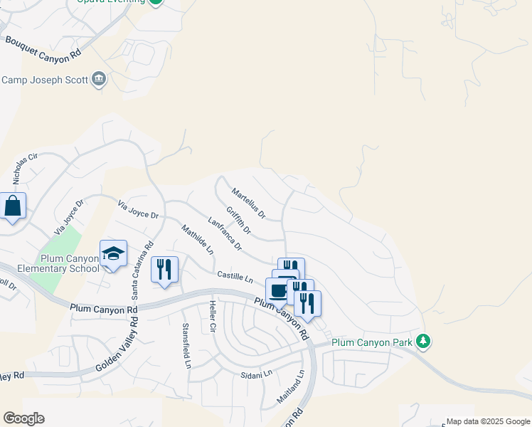 map of restaurants, bars, coffee shops, grocery stores, and more near 19539 Martellus Drive in Santa Clarita