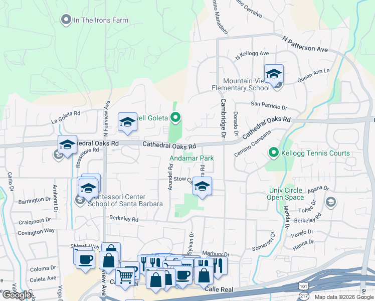 map of restaurants, bars, coffee shops, grocery stores, and more near 5741 Cathedral Oaks Road in Goleta