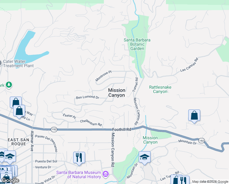 map of restaurants, bars, coffee shops, grocery stores, and more near in Mission Canyon