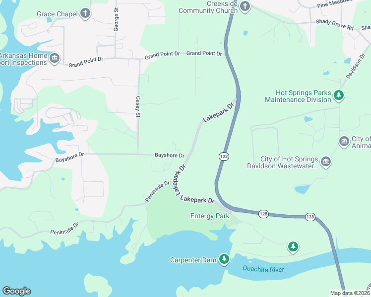 map of restaurants, bars, coffee shops, grocery stores, and more near 264 Lakepark Drive in Hot Springs