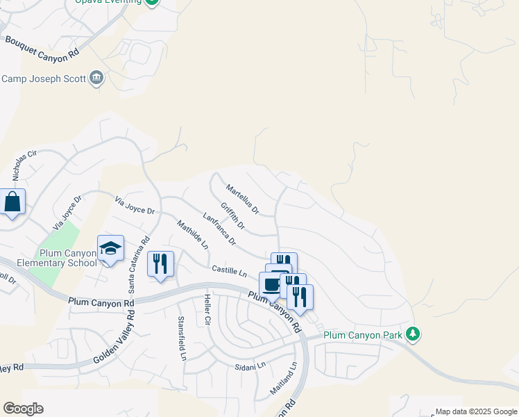 map of restaurants, bars, coffee shops, grocery stores, and more near 19539 Martellus Drive in Santa Clarita