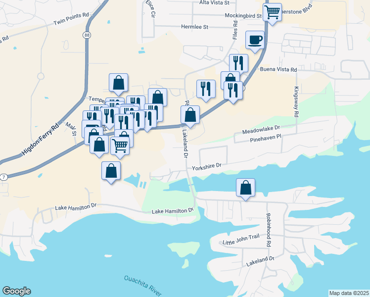 map of restaurants, bars, coffee shops, grocery stores, and more near 130 Lakeland Drive in Hot Springs