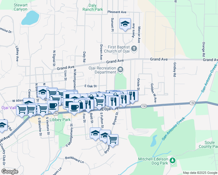 map of restaurants, bars, coffee shops, grocery stores, and more near 310 North Fulton Street in Ojai
