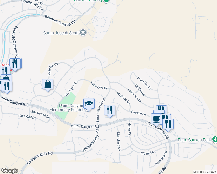 map of restaurants, bars, coffee shops, grocery stores, and more near 28475 Santa Catarina Road in Santa Clarita