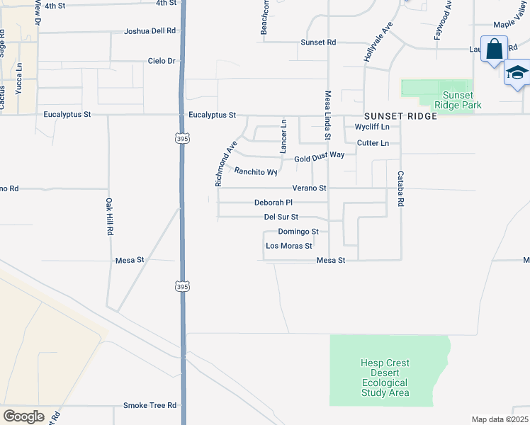 map of restaurants, bars, coffee shops, grocery stores, and more near 12342 Del Sur Street in Victorville