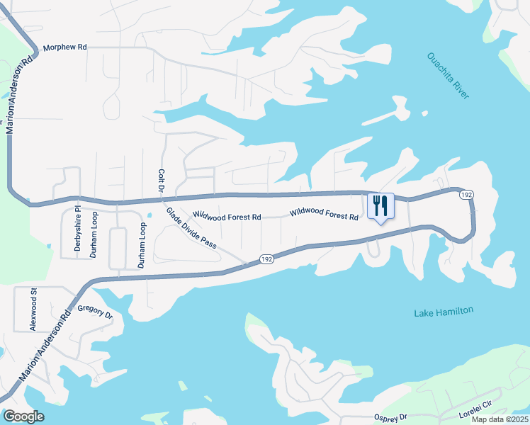 map of restaurants, bars, coffee shops, grocery stores, and more near 144 Wildwood Forest Road in Hot Springs