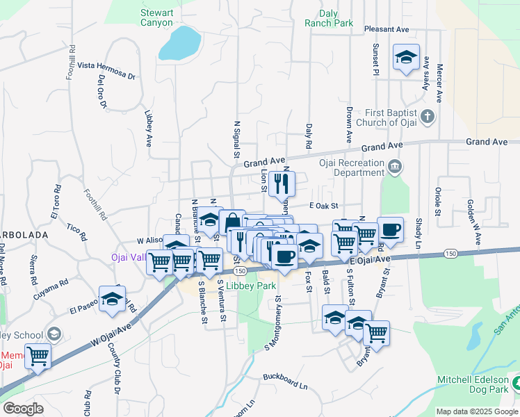 map of restaurants, bars, coffee shops, grocery stores, and more near 220 East Oak Street in Ojai