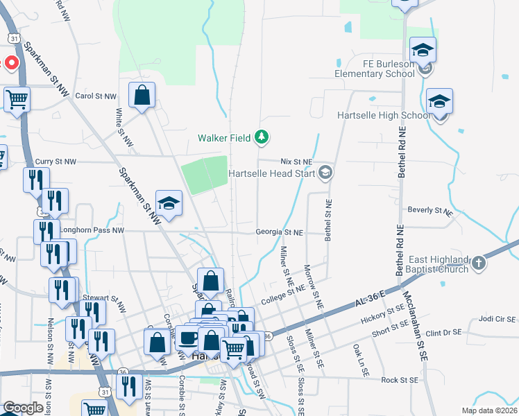 map of restaurants, bars, coffee shops, grocery stores, and more near 696 Mountainview Road Northeast in Hartselle