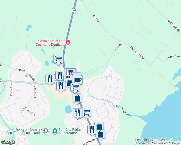 map of restaurants, bars, coffee shops, grocery stores, and more near 845-1313 Belt Road in Holly Ridge