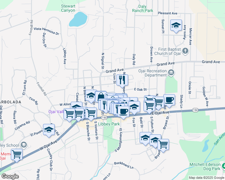 map of restaurants, bars, coffee shops, grocery stores, and more near 308 Lion Street in Ojai