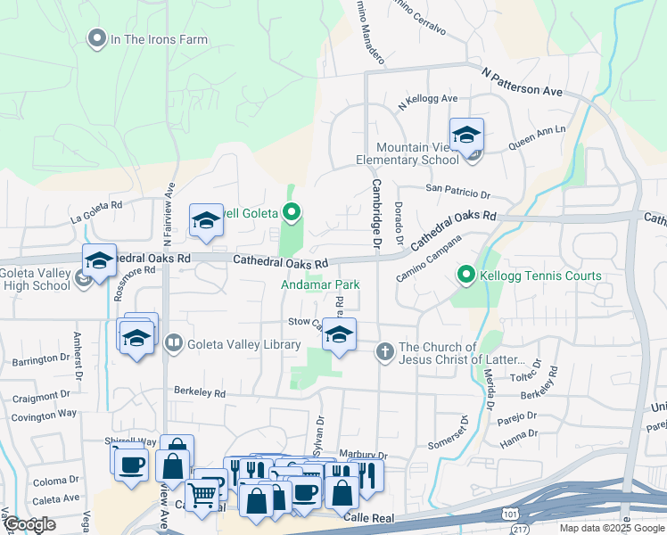 map of restaurants, bars, coffee shops, grocery stores, and more near 698 Andamar Way in Goleta