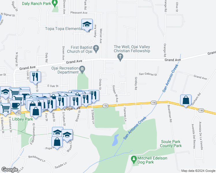 map of restaurants, bars, coffee shops, grocery stores, and more near 1132 Anita Avenue in Ojai