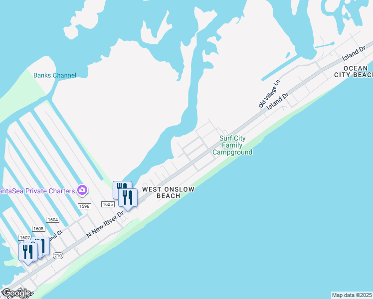 map of restaurants, bars, coffee shops, grocery stores, and more near 2126 Wicker Street in North Topsail Beach