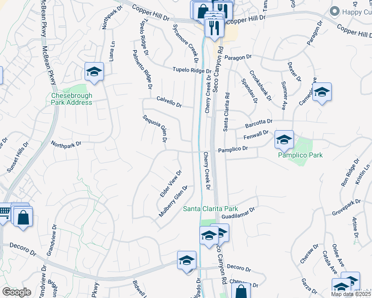 map of restaurants, bars, coffee shops, grocery stores, and more near 22922 Pamplico Drive in Santa Clarita