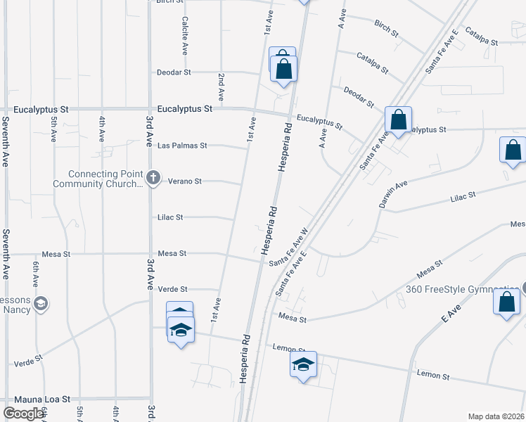 map of restaurants, bars, coffee shops, grocery stores, and more near 10966 Hesperia Road in Hesperia