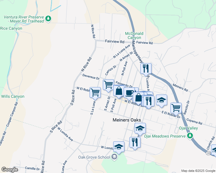 map of restaurants, bars, coffee shops, grocery stores, and more near 149 North Arnaz Street in Ojai