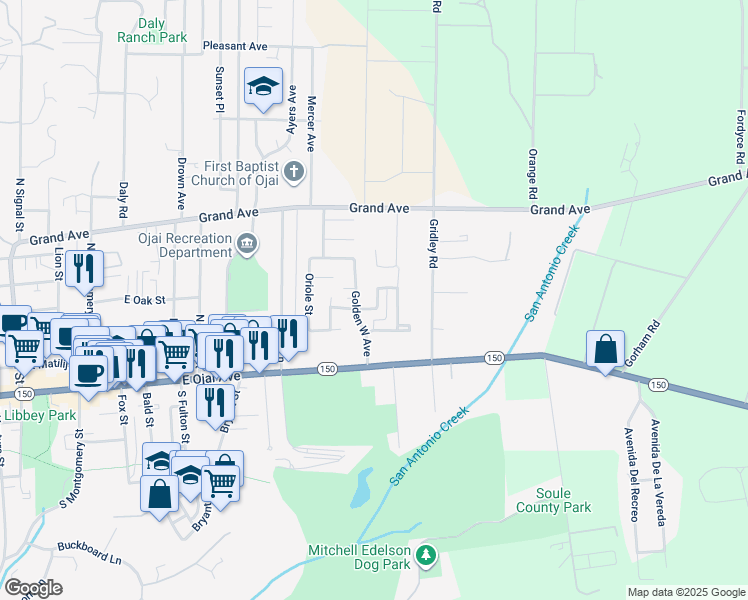 map of restaurants, bars, coffee shops, grocery stores, and more near 1215 Anita Avenue in Ojai