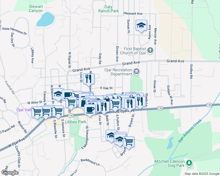 map of restaurants, bars, coffee shops, grocery stores, and more near in Ojai