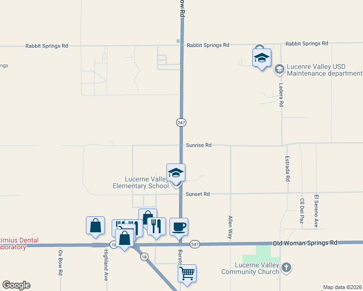 map of restaurants, bars, coffee shops, grocery stores, and more near 32901 Sunrise Road in Lucerne Valley