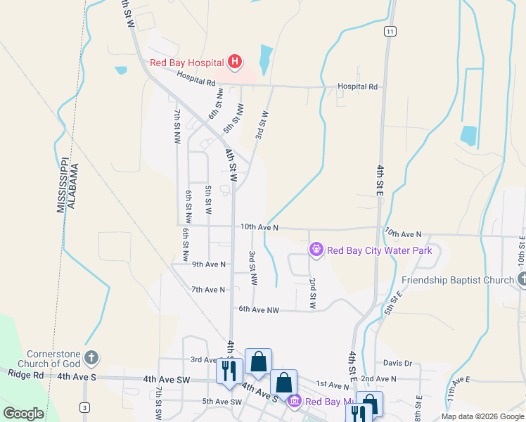 map of restaurants, bars, coffee shops, grocery stores, and more near 10th Avenue North in Red Bay