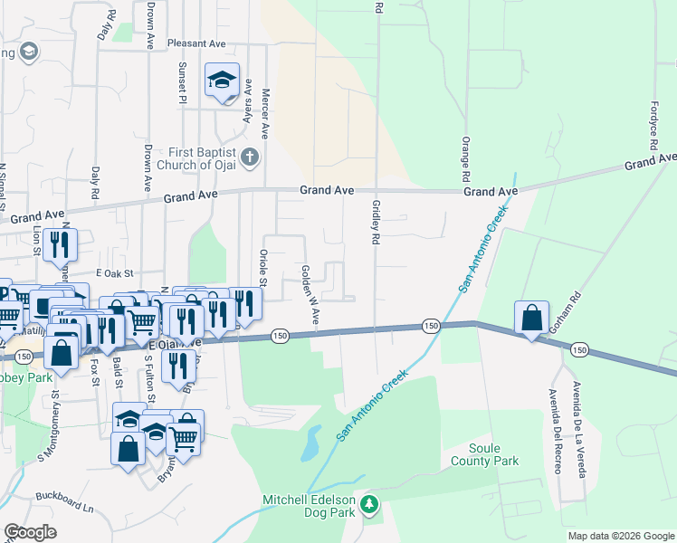 map of restaurants, bars, coffee shops, grocery stores, and more near 309 Lark Ellen Avenue in Ojai