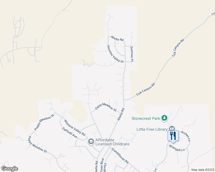 map of restaurants, bars, coffee shops, grocery stores, and more near Dahlia Ridge Drive in Santa Clarita