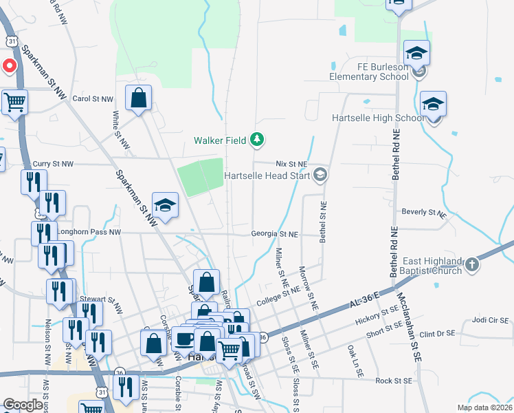 map of restaurants, bars, coffee shops, grocery stores, and more near 696 Mountainview Road Northeast in Hartselle