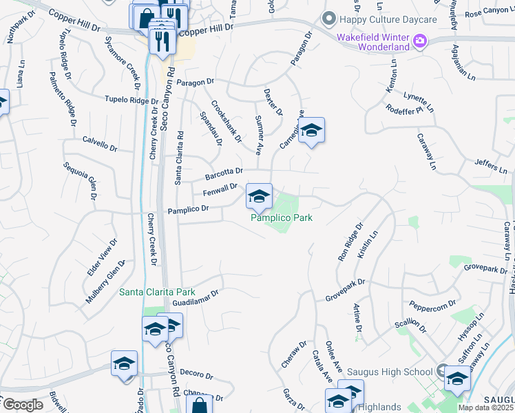 map of restaurants, bars, coffee shops, grocery stores, and more near 22500 Pamplico Drive in Santa Clarita