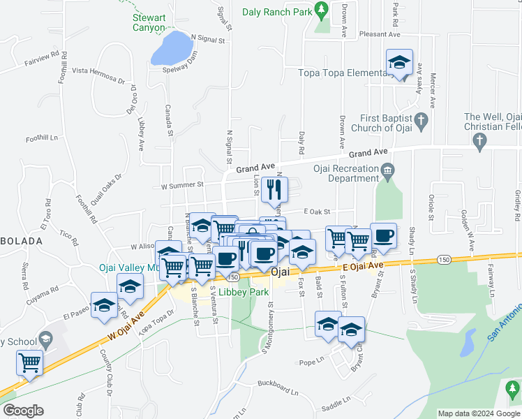 map of restaurants, bars, coffee shops, grocery stores, and more near 406 Lion Street in Ojai