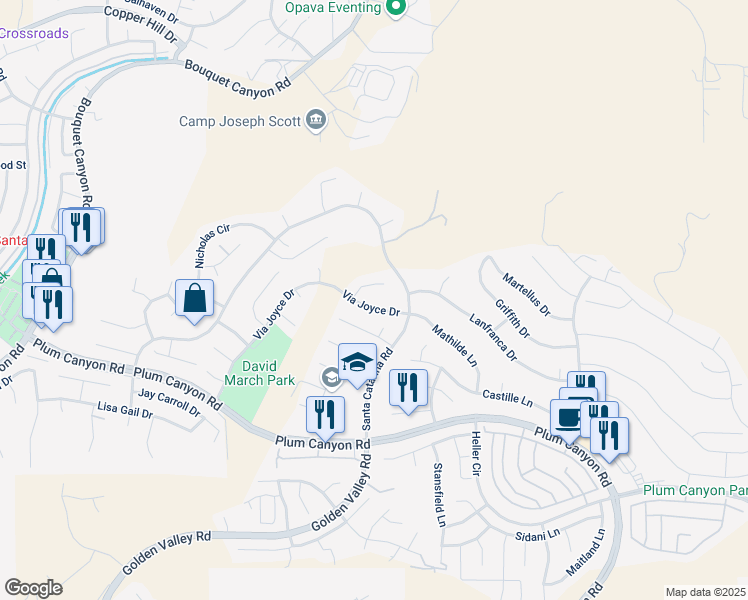 map of restaurants, bars, coffee shops, grocery stores, and more near 19948 Via Joyce Drive in Santa Clarita