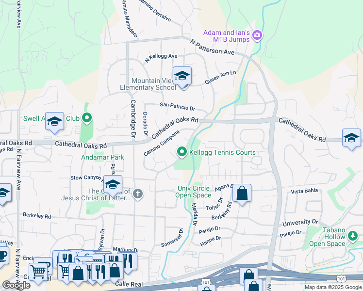 map of restaurants, bars, coffee shops, grocery stores, and more near 5509 Tellina Way in Santa Barbara