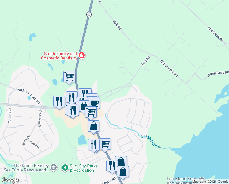 map of restaurants, bars, coffee shops, grocery stores, and more near 845-1313 Belt Road in Holly Ridge