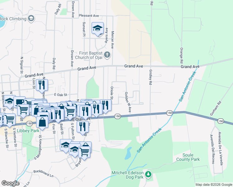 map of restaurants, bars, coffee shops, grocery stores, and more near 216 Oriole Street in Ojai