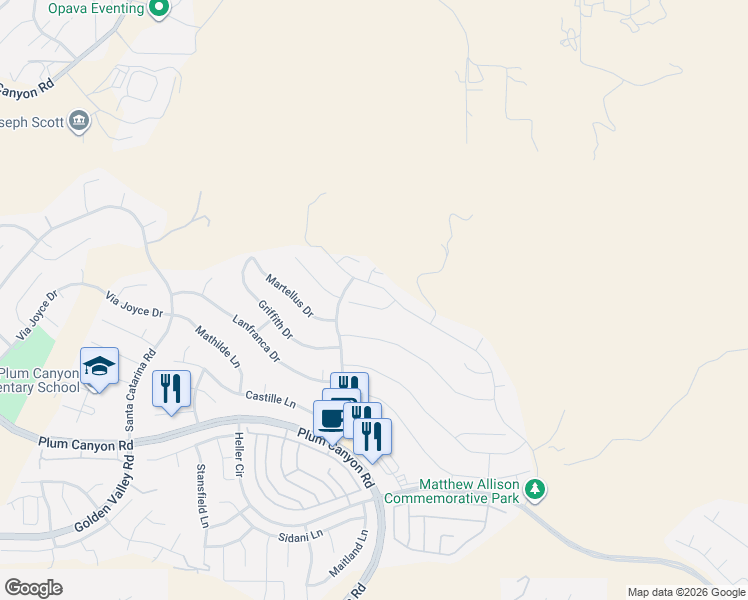 map of restaurants, bars, coffee shops, grocery stores, and more near 19330 Moriah Lane in Santa Clarita