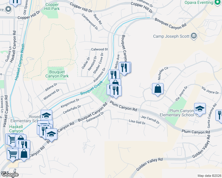map of restaurants, bars, coffee shops, grocery stores, and more near 20763 Plum Canyon Road in Santa Clarita