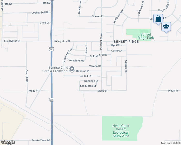 map of restaurants, bars, coffee shops, grocery stores, and more near 12425 Deborah Place in Victorville