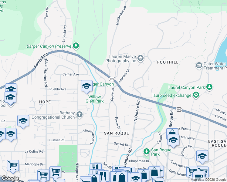 map of restaurants, bars, coffee shops, grocery stores, and more near 3691 Foothill Road in Santa Barbara