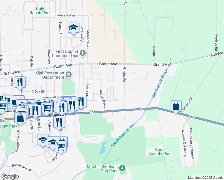 map of restaurants, bars, coffee shops, grocery stores, and more near 315 Lark Ellen Avenue in Ojai