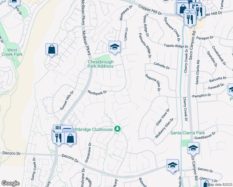 map of restaurants, bars, coffee shops, grocery stores, and more near 23429 Timberlane Drive in Santa Clarita