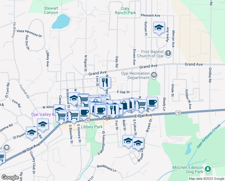 map of restaurants, bars, coffee shops, grocery stores, and more near 410 East Oak Street in Ojai