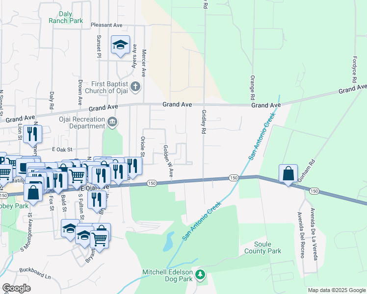 map of restaurants, bars, coffee shops, grocery stores, and more near 315 Lark Ellen Avenue in Ojai