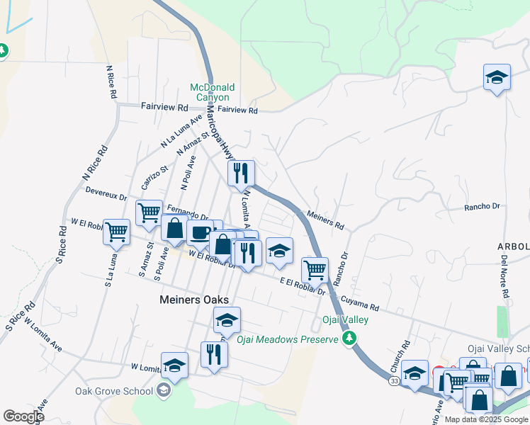 map of restaurants, bars, coffee shops, grocery stores, and more near 1975 Maricopa Highway in Ojai