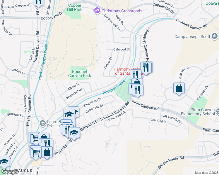 map of restaurants, bars, coffee shops, grocery stores, and more near 20900 Alaminos Drive in Santa Clarita