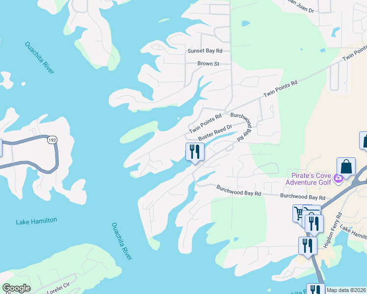 map of restaurants, bars, coffee shops, grocery stores, and more near 144 Buster Reed Drive in Hot Springs